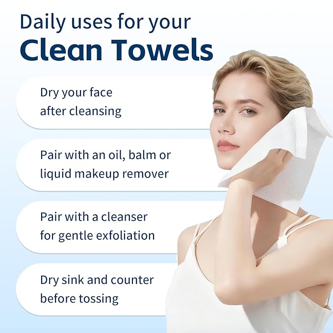 Towels XL, 100% Biobased Face Towel, Disposable Face Towelette, Thick Face Towel for Sensitive Skin, Makeup Remover Dry Wipes, Ultra Soft, Gentle Facial Cleansing Cloths1 Pack, 50 Ct
