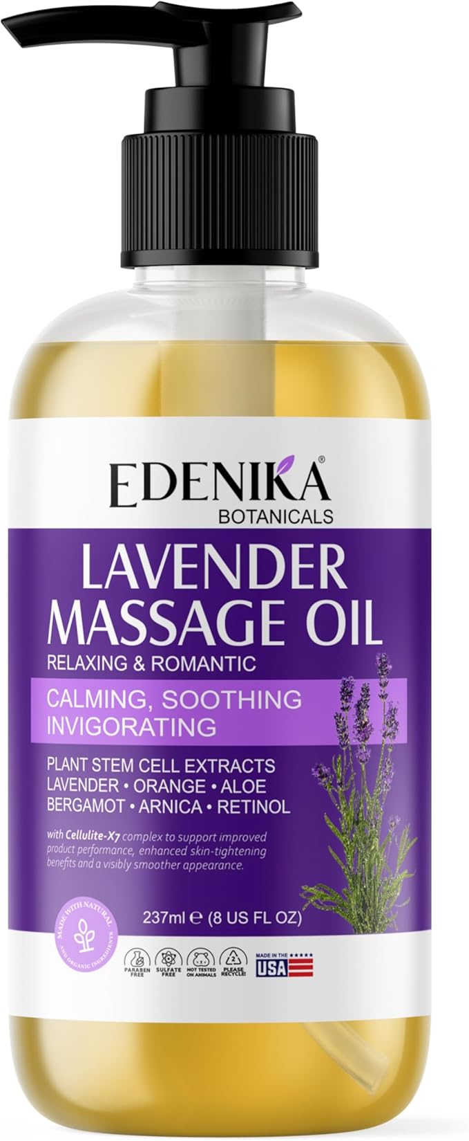 Edenika Botanicals Lavender Massage Oil for Skin, Luxury Aromatherapy & Romantic Massage Oil for Date Night, Relaxing & Hydrating Skin, 8 fl oz