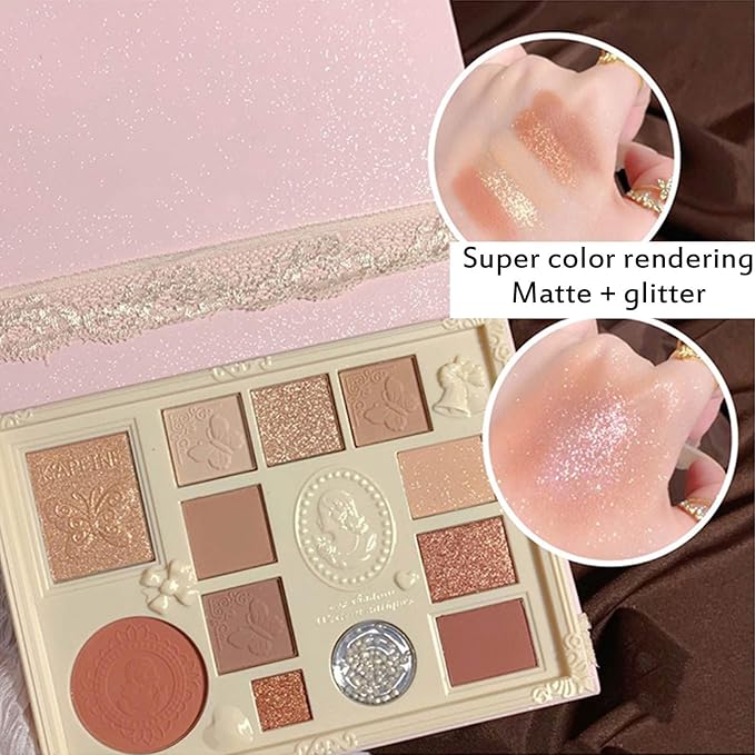 Lace 12 Color Eyeshadow Palette, Blendable Shimmer and Matte Nudes Shades, All In One Makeup Blush Highlighter, Pink