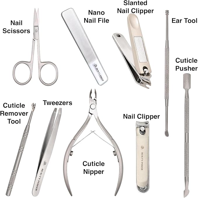 Beauty Power 9 in 1 Professional Manicure Pedicure Set - Stainless Steel Nail Clippers, Nano File, Cuticle Nipper, Scissors, Tweezers, Travel PU Leather Case for Men & Women - Gift Ready (Brown)