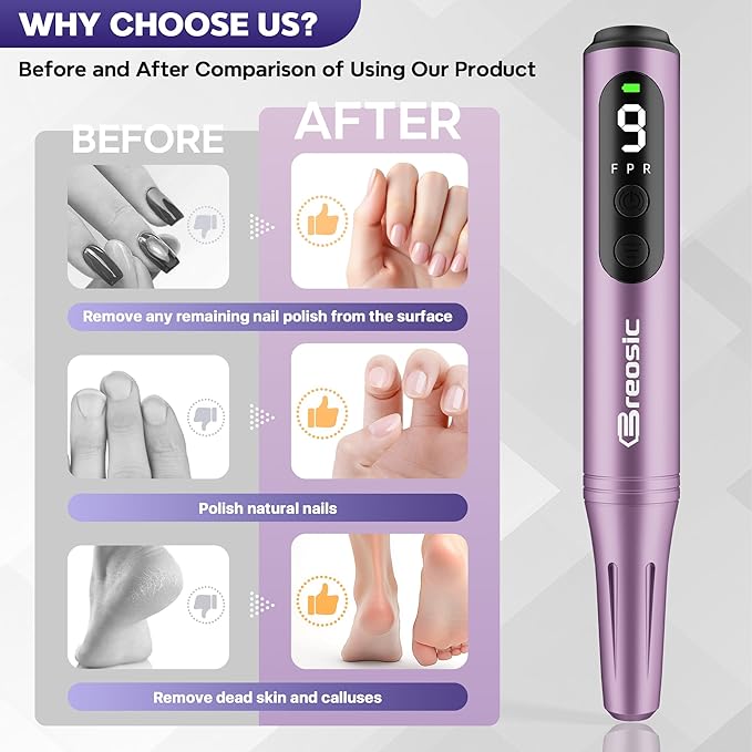 Breosic Electric Nail Drill 35000RPM,12-in-1 Nail File Portable USB-Rechargeable Cordless Nail Drill Professional with 9-Speed & LED Display Manicure Pedicure Nail Kits for Acrylic & Gel Nails(Purple)