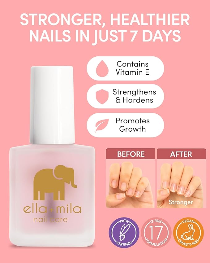 ella+mila "First Aid Kiss" Nail Strengthener and Growth treatment- Nail Repair Solution & Growth Treatment for Thin, Brittle & Damaged Nails - Nail Hardener with Vitamin E (0.45 fl oz)
