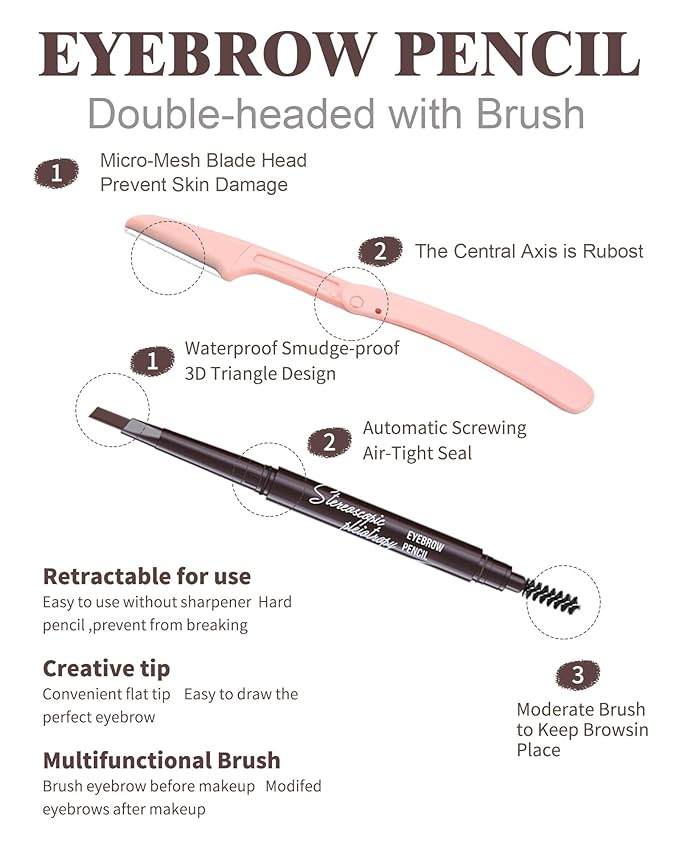 Berinist 6 Pack Light Brown Eye Brow Pencil, Waterproof Eyebrow Pencils for Women- Dual-Ended with Spoolie Brush and Triangular Tip for Easy Defining, Natural Fill, Long-Lasting Brows, Sweatproof
