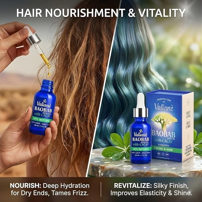 BAOBAB OIL + CACAY for HAIR & FACE Premium Enriched Blend - Hair Oil & Beard Oil - Facial Serum - Cold-Pressed Lightweight Fast-Absorbing, 100% NATURAL - for Body Neck Décolleté Nails -1 fl oz Valianè