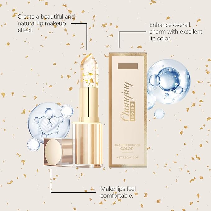 Gold Crystal Color Changing Lipstick - Clear Lip Gloss That Changes, Long Lasting Moisturizing & Nourishing Lipstick, Non-Sticky Glossy Shine (1 pcs)