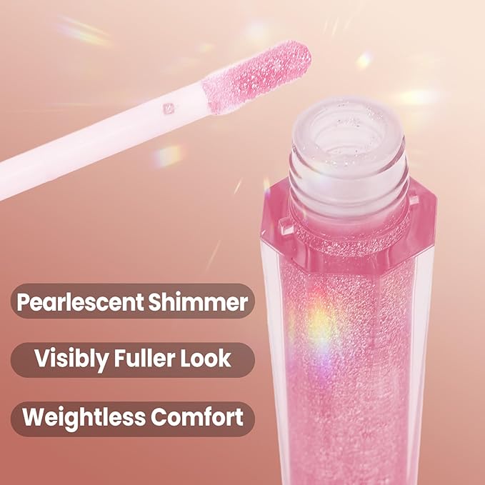Shimmering Lip Gloss, High-Shine Moisturizing Lip Oil for Plumping, Non-Sticky Sparkling Lip Glow Oil, Long Lasting Hydrating Lip Balm for Dry Lips, Ultra-Glossy Finish(04#Sparkle pink)