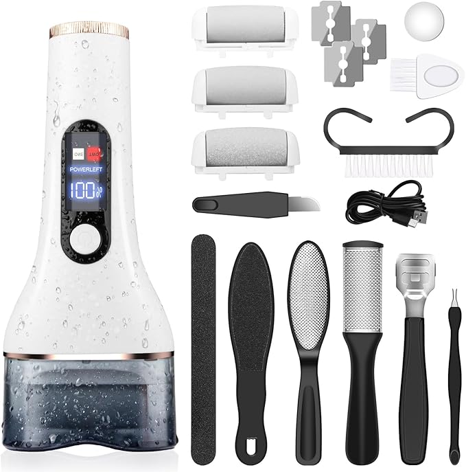 AdamPark Electric Foot File Callus Remover, Rechargeable Pedicure Tools Foot Care Kit, Portable Callus Remover Kit with 3 Roller Heads,2 Speed,Battery Display (White)