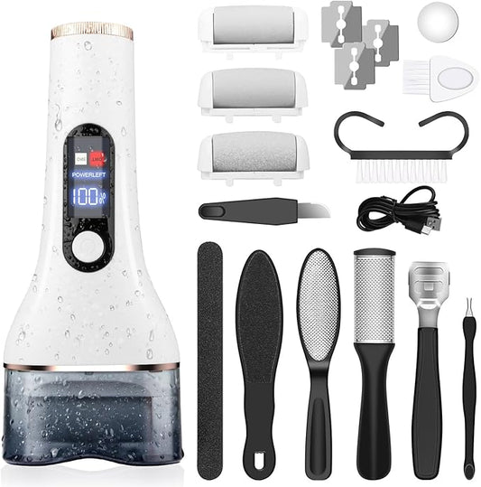 AdamPark Electric Foot File Callus Remover, Rechargeable Pedicure Tools Foot Care Kit, Portable Callus Remover Kit with 3 Roller Heads,2 Speed,Battery Display (White)