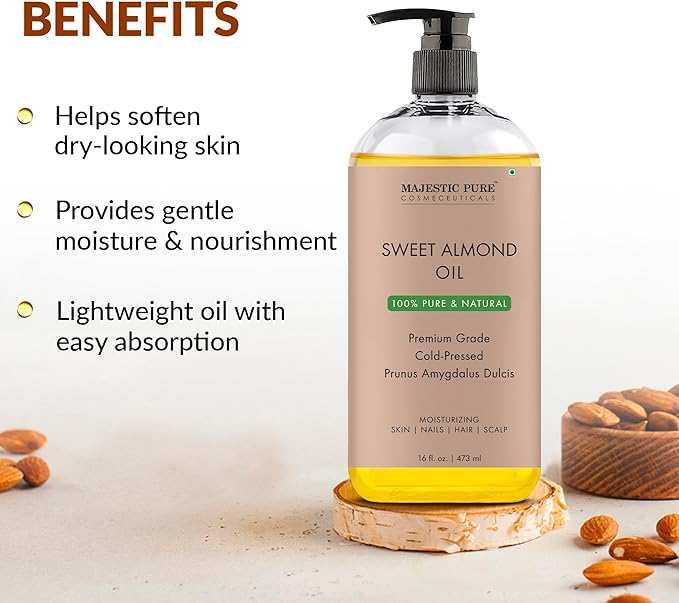 MAJESTIC PURE Sweet Almond Oil, Triple A Grade Quality, Pure and Natural from Spain, Cold Pressed, (Packaging May Vary) - 16 fl. Oz
