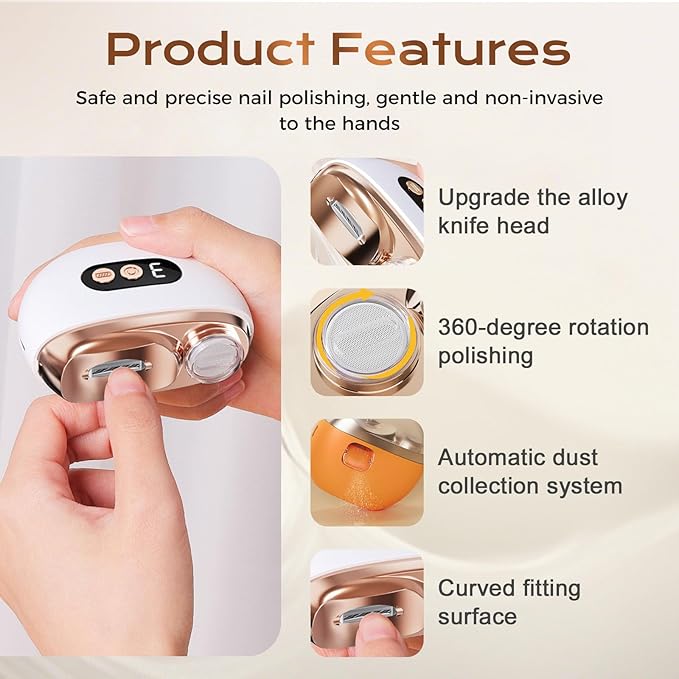 Multi-Functional Electric Nail Trimmer, 2025 Upgraded 2 in 1 Electric Polishing Automatic Nail Clippers, Electric Nail Clipper with 3 Speed Levels, Safe and Convenient Nail Trimmer (Orange)