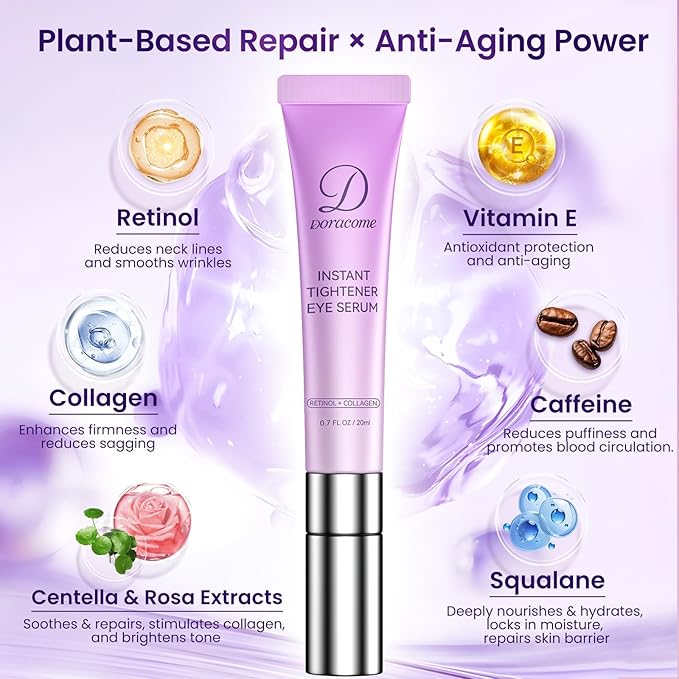 Doracome Caffeine & Retinol Under Eye Serum – Dermatologist-Tested, Fast Absorbing, Correction for Puffy Eye Bags Fine Lines Dark Circles Wrinkles While Providing Moisturizing Care