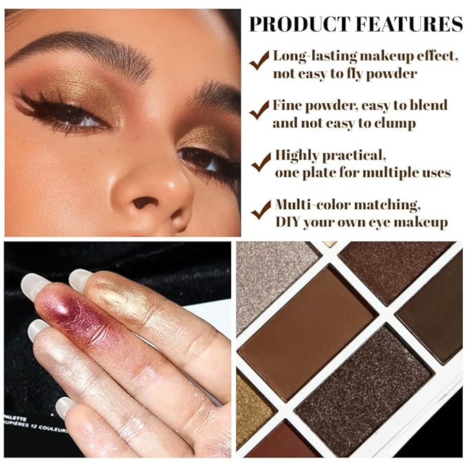 evpct 12 Colors Matte Shimmer Pressed Eye Shadow Palette Makeup for Women,Matte Beige Apricot Neutral Nude Brown Cocoa Black, Shimmer Plum Purple Bronze Gold Light Champagne, Eyeshadow Contour Palette