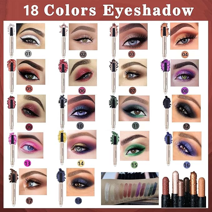 Rose Red Eyeshadow Stick Makeup, Highlighter Matte Cream Eye Shadow Pencil, Waterproof Hypoallergenic Long Lasting Crayon, Glitter Primer Palette Shimmer Eyeliner Pen wiht Soft Brush