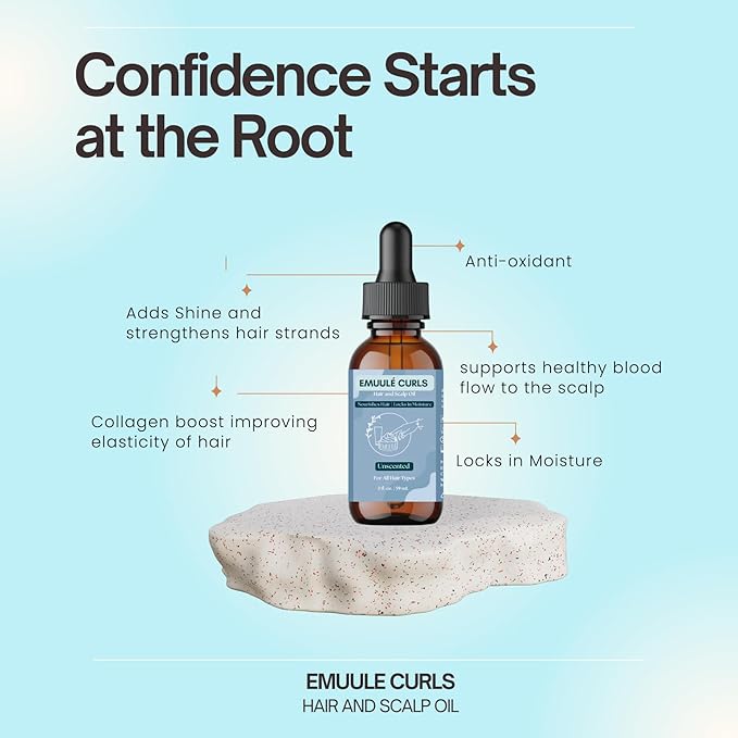 Emuulé Curls - Hair and Scalp Oil, 2 oz, Deep Moisturizer with Avocado and Pumpkin Seed Oil. 100% Natural Ingredients, Sustainable Glass Bottle (2 Ounce, Unscented)