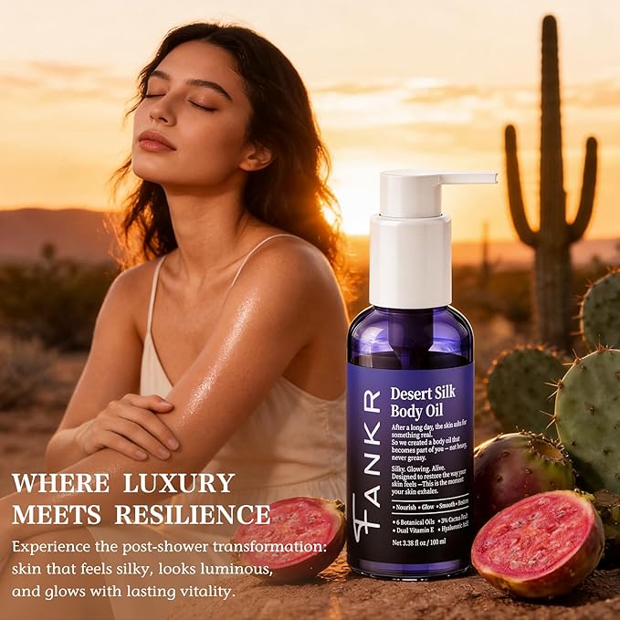 Desert Silk Body Firming Oil for Women – Dual-Phase Technology for Instant After-Shower Absorption, 72H Glow & Firming Moisturizing Formula with 6 Botanical Oils, 3% Cactus Fruit & HA, 3.38 fl oz