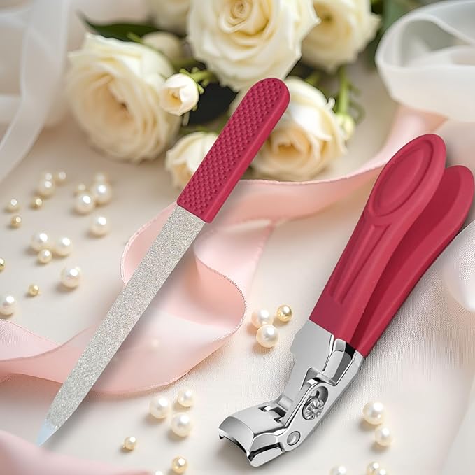 Professional Ruby Red Angled Nail Clippers for Seniors – 5'' Elegant Thick Toenail Clipper with Nail File, Ultra-Sharp Blades, Nail Catcher, Easy Grip & Safe Home Manicure & Pedicure Care Tool