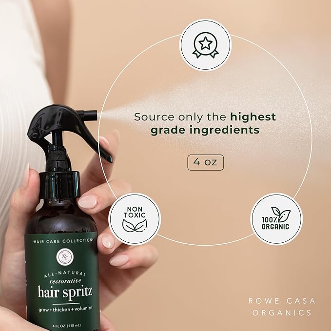 Rowe Casa Organics Natural Restorative Hair Spritz with Witch Hazel & Therapeutic Essential Oils, Hand-Crafted Hair Volumizer, Thickener, & Growth Booster, 4 Fl. Oz.