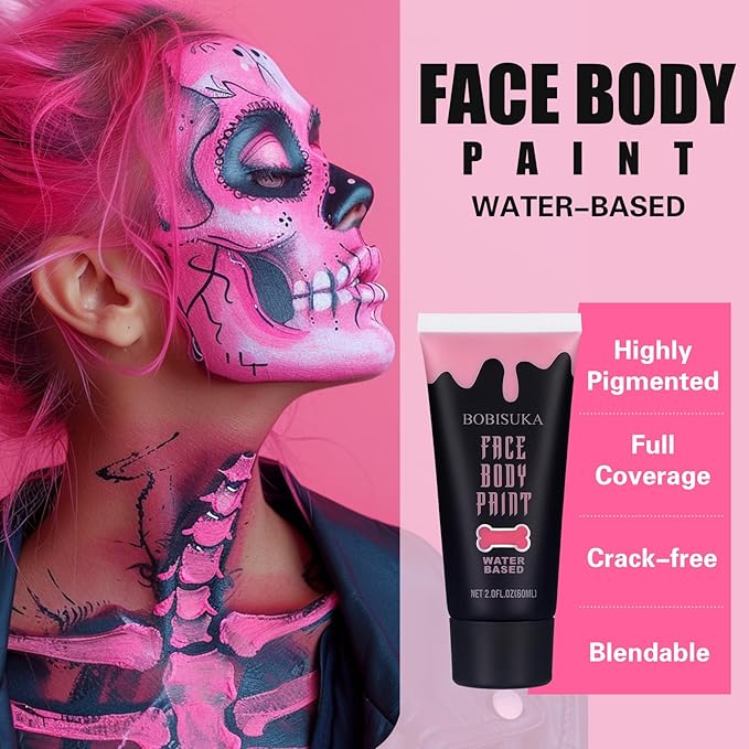 BOBISUKA Pink Face Body Paint, Water Based Face Painting for Art Theater Halloween Party Cosplay Clown SFX Makeup for Women Adults, Non-Toxic Washable