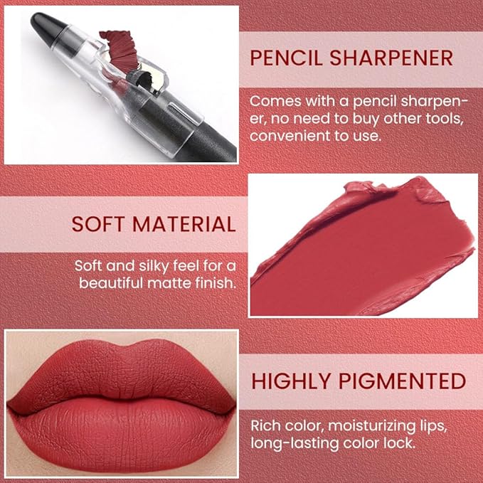 Cherry Red Matte Lip Liner Crayon with Sharpener - Waterproof Smudgeproof Long-Wear Lip Pencil, Creamy Pigmented Lip Crayon for Women, 12HR Stay Silky Velvet Lip Liner 03#