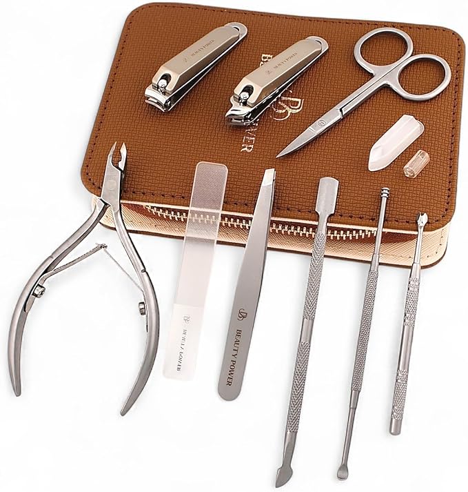 Beauty Power 9 in 1 Professional Manicure Pedicure Set - Stainless Steel Nail Clippers, Nano File, Cuticle Nipper, Scissors, Tweezers, Travel PU Leather Case for Men & Women - Gift Ready (Brown)