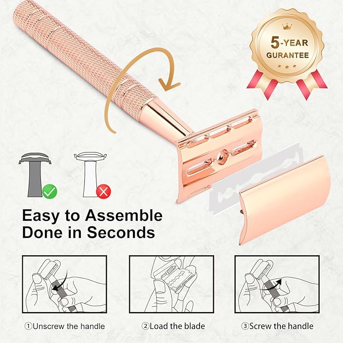Shiny Rose Gold Safety Razor, Single Blade Razors for Women, with 10 Stainless Steel Double Edge Blades, Reusable Metal Razor, Eco-Friendly, Smooth and Close Shave, Sustainable, Plastic Free