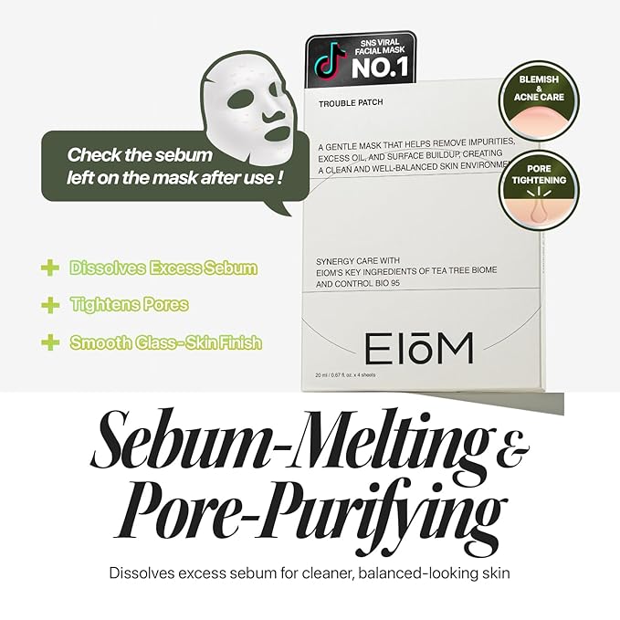 Trouble Patch Mask – Full-Face Acne & Sebum Control Sheet Mask with Tea Tree Biome, Visible Sebum Lift Results, Korean Skincare for Oily & Acne-Prone Skin | Stocking Stuffer Gift | 20ml x 4
