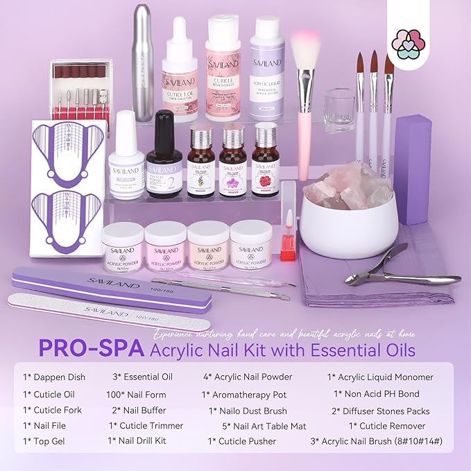 SAVILAND Acrylic Nail Kit with Drill: Professional Acrylic Nail Set with Powder, Liquid, Brush, Cuticle Remover & Oil, Essentials Tools for Beginners – DIY Manicure Kit for Home or Salon Use