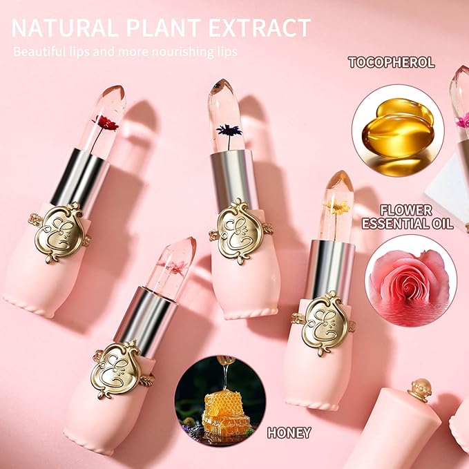 BestLand 6 Pcs/Set Flower Jelly Lipstick Set Temperature Change Moisturizer Long Lasting Nutritious Balm Magic Color Change Lip Gloss