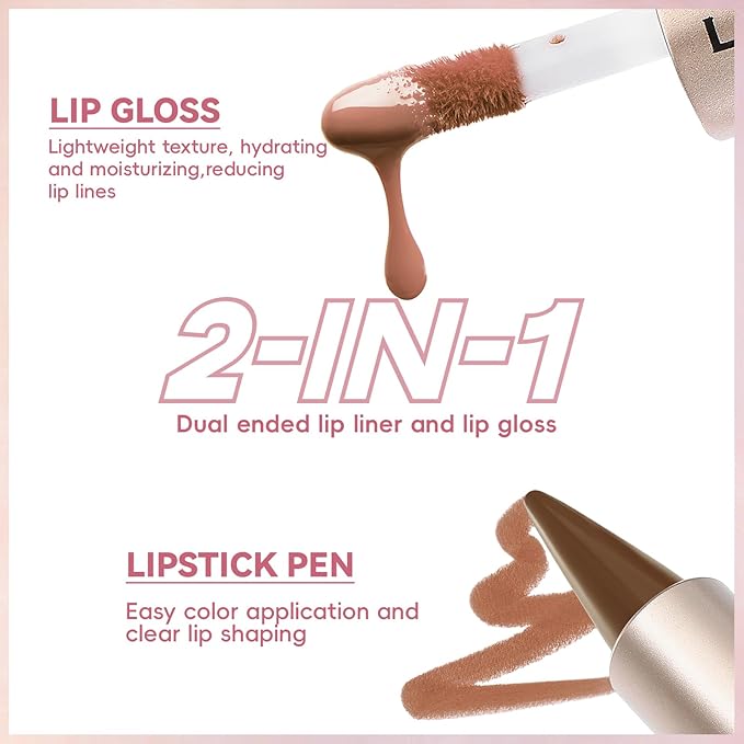 Lip Liner Gloss Lip Combo Set, 2 in 1 Lip Duo Natural Nude Lip Liner Lipstick Glossy Nourishing Coral Dew Gloss Lip Kit,Smooth Quick Fuller Plumping Juicy Lip Makeup for Women04#Mellow Papaya