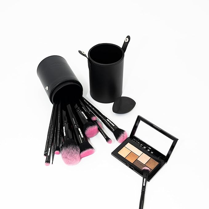 18-Piece Vegan Makeup Brush Set – Black & Pink Case, Soft Synthetic Bristles, Cruelty-Free, Ideal for Liquid, Powder, Cream & Bronzer; Includes Kabuki, Blender, Blush & Eyeshadow Brushes