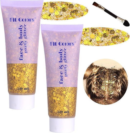 Body Glitter Face Glitter Gel: Singer Concerts Disco Festival Rave Accessories Face Glitter Makeup 100ml Chunky Sequins Mermaid Face Body Hair Glitter Gel (2 Gold)
