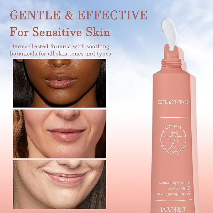 Facial Hair Removal Cream for Women Face, Painless Facial Depilatory Cream, Unwanted Chin Lip Hair Remover, Sensitive Skin Hair Removal At Home, Travel Size - 1.69fl.oz