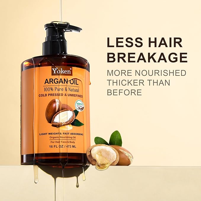 Yoken Pure Argan Oil 16 fl oz 100% Natural Cold Pressed Argan Oil for Hair Face Skin Scalp Body Care, Origin from Morocco, Unrefined Fast Nourishing Hair Oil Skin Moisturizer Carrier Oil