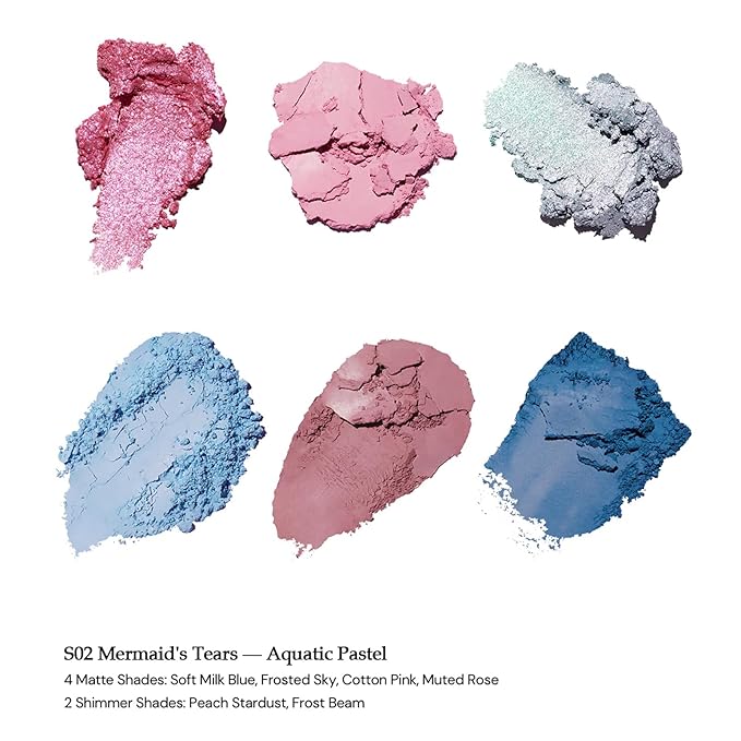Flower Knows Shell's Jewel 6-Color Makeup Palette,Pink Blue Eyeshadow with 4 Matte + 2 Shimmer Shades,Blendable Smooth Cute Eye Makeup,0.23 Oz(02 Mermaid's Tears)