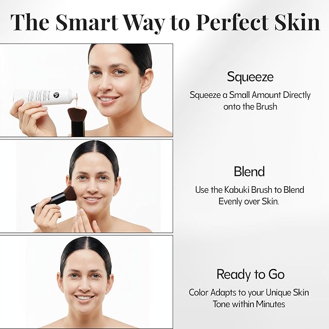 Jerome Alexander My Color Self-Adjusting Foundation, Hydrating & Lightweight Face Makeup, Skincare-Infused, with Kabuki Brush, Medium Dark, 1 oz