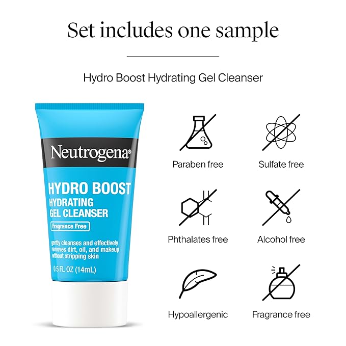 Neutrogena Hydro Boost Skincare Set, Hydro Boost Water Cream Face Moisturizer for 72-Hour Hydration, 1.7 Fl Oz, & Hydro Boost Hydrating Gel Facial Cleanser Trial Size, 0.5 Fl Oz, 2 Pack, Clear
