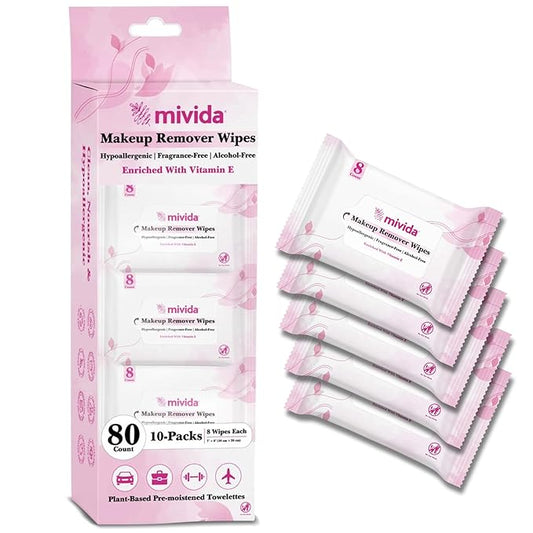mivida Hypoallergenic Mini Pack Makeup Remover Wipes with Vitamin E, Alcohol Free, Fragrance Free Makeup Wipes for Sensitive Skin, Travel Size Plant Based - 10 Packs (80 Total Count)