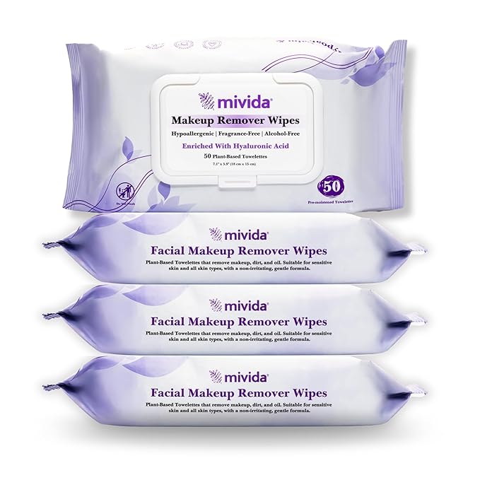 mivida Hypoallergenic Makeup Remover wipes Bulk with Hyaluronic Acid, 200 count (4×50) Value Pack, Fragrance Free Makeup Wipes for Sensitive Skin, Alcohol Free Make up Remover Facial Wipes