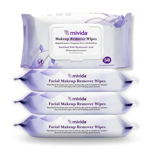 mivida Hypoallergenic Makeup Remover wipes Bulk with Hyaluronic Acid, 200 count (4×50) Value Pack, Fragrance Free Makeup Wipes for Sensitive Skin, Alcohol Free Make up Remover Facial Wipes