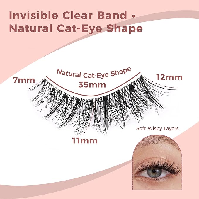 Clear Band Natural False Eyelashes – Lightweight Wispy Lash Strips for Daily Wear, Invisible Band Natural Cat Eye Look, 7 Pairs Reusable