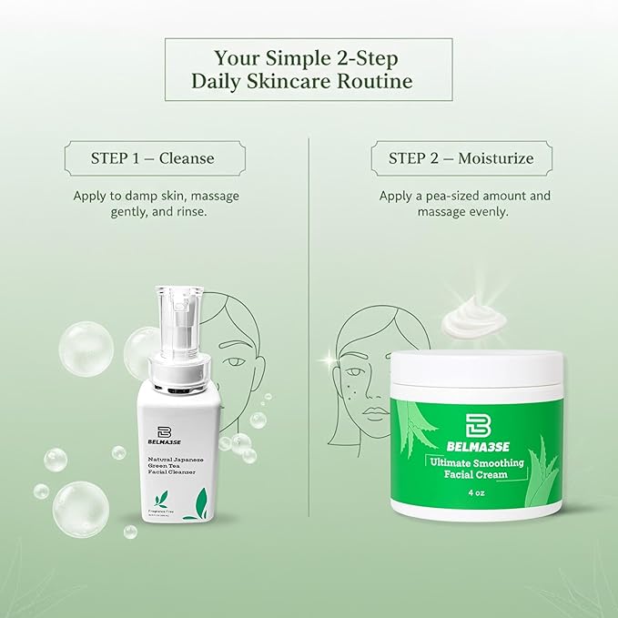 Green Tea Cleanser 10.14 Fl Oz and Hydrating Facial Cream 4 Oz Set – Clean Beauty Routine with Aloe, Cucumber, Coconut Oil & Vitamin E – Lightweight, Vegan & Cruelty-Free