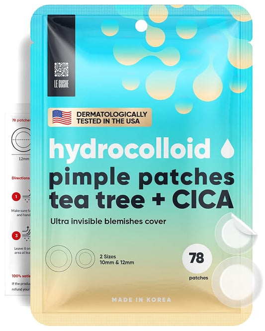 LE GUSHE Korean Pimple Patches for Face (78 Dots) - Hydrocolloid Acne Patches with Tea Tree Oil - Invisible Zit Stickers - Dermatologist Tested - Korean Skin Care