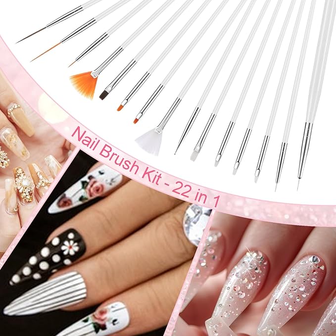 22 Pcs Nail Art Brush Set - Acrylic Silicone Dotting Pen Tools, Resin Nail Art Palette - Nails Design Tools for DIY Home Salon, Display Board