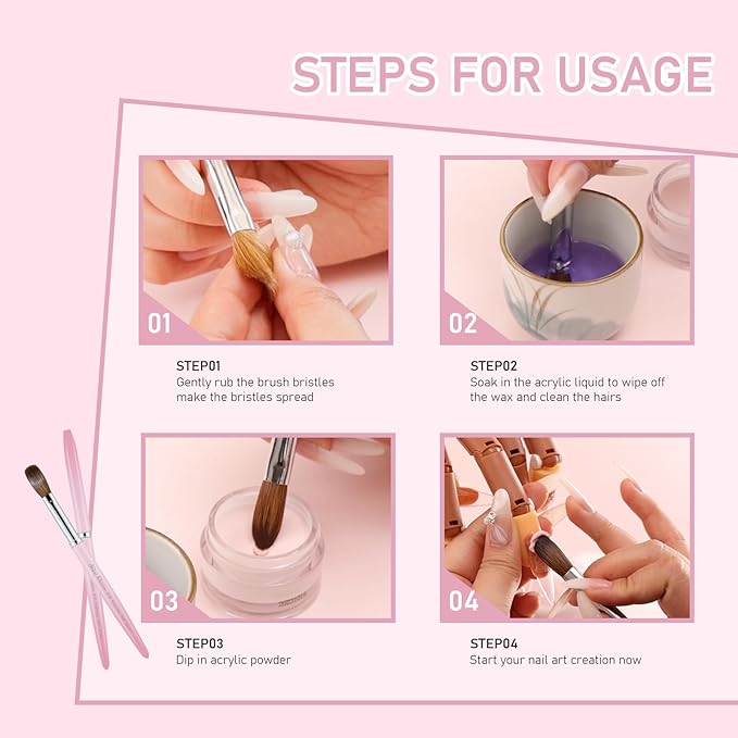 Acrylic Nail Brush Size 12, 100% Pure Kolinsky Nail Brush for Acrylic Application, Professional Nail Extension Manicure Tool Nail Drawing Pen for DIY Home Salon(Pink)