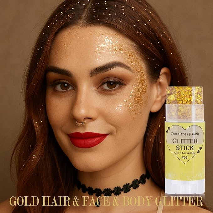 Gold Hair Glitter Stick for Kids,Yellow Body Face Glitter Makeup,Singer Concert Outfits for Women,Rave Mardi Gras Accessories Carnival Chunky Sequins,Waterproof Shimmer Body Face Paint