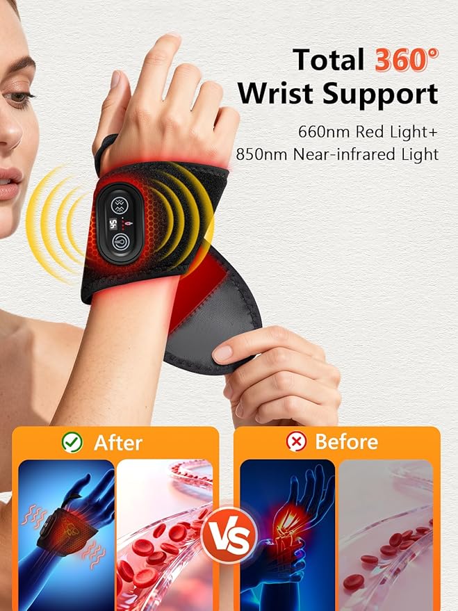 Red Light Therapy for Hand Wrist with Heat & Massage, 3000mAh Controller Infrared Light with 108 Beads Wrist Brace & Hands Wrap Pad for Knee Ankle Foot Joint