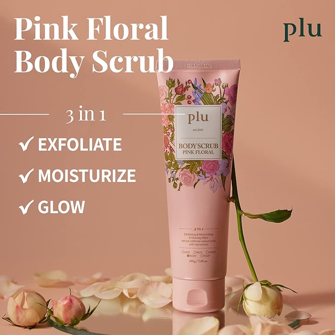 PLU Korean Walnut Body Scrub Pink Floral with Manuka Honey - Exfoliating, Hydrating & Smoothing for Radiant Skin Texture - Fresh & Elegance Rose Scent, 6.76 oz.