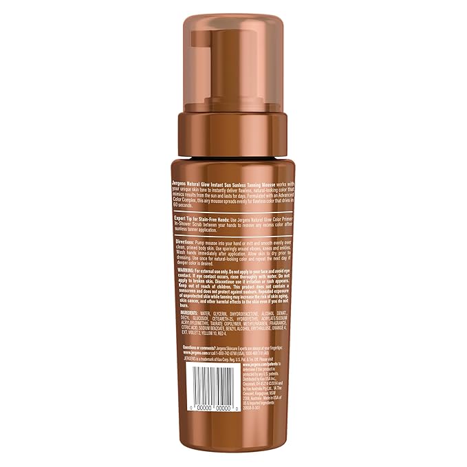 Jergens Natural Glow Instant Sun Body Mousse, Self Tanner for Deep Bronze Tan, Sunless Tanning Body Bronzer for Natural Looking Color Instantly, 6 Oz, Pack of 2