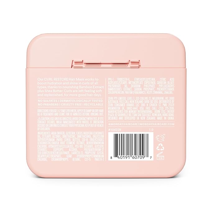 MONDAY HAIRCARE CURL RESTORE Hair Mask with Bamboo Extract, Coconut Oil & Shea Butter for Curls & Coils of all types 250 mL