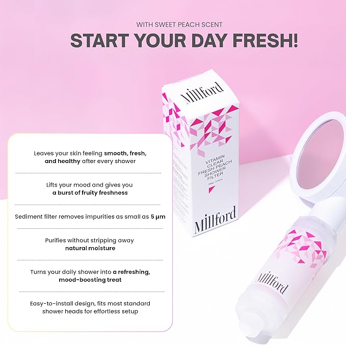 Vitamin C Shower Filter - Korean Purifier for Hard Water, Removes 99% Chlorine & Impurities, Natural Shower Infuser Detox, Deep Cleansing for Skin & Hair Hydration Boost (Peach Scent)